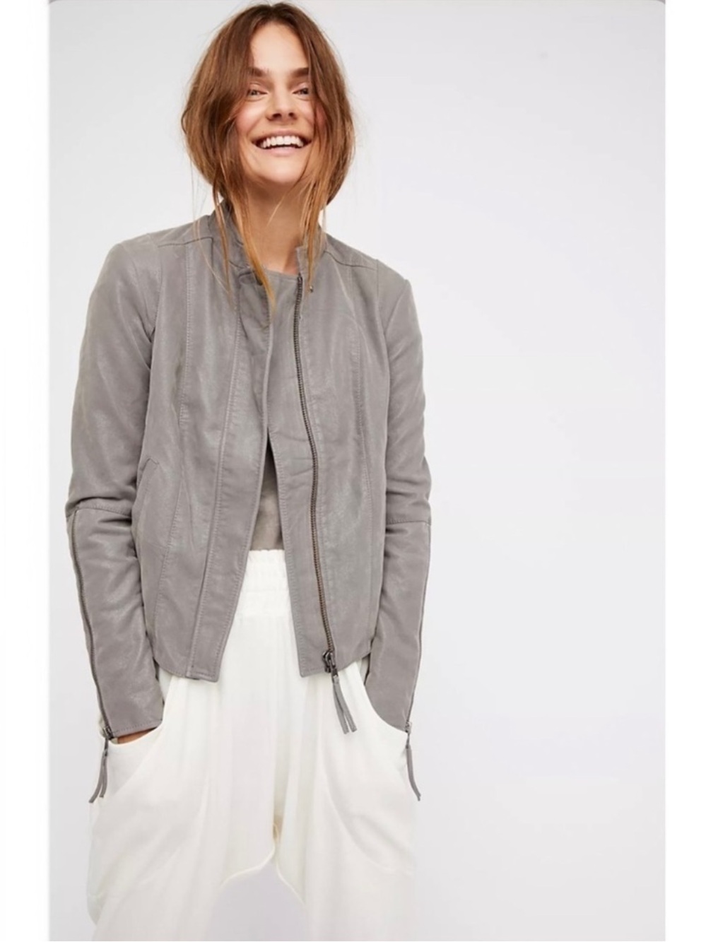 Free People Cool & Clean Gray Vegan Faux Leather Moto Jacket